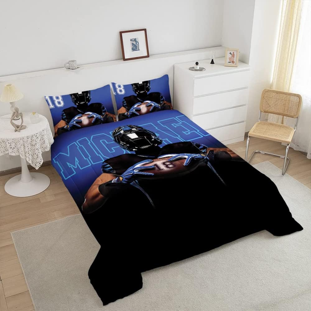 Custom Cool Dark Blue Football Player Art Comforter Set Queen King Twin Full, Football Bedding for Bed Rugby Ball Quilt Blanket for Bed Microfiber Lightweight Softs Sports Bedding
