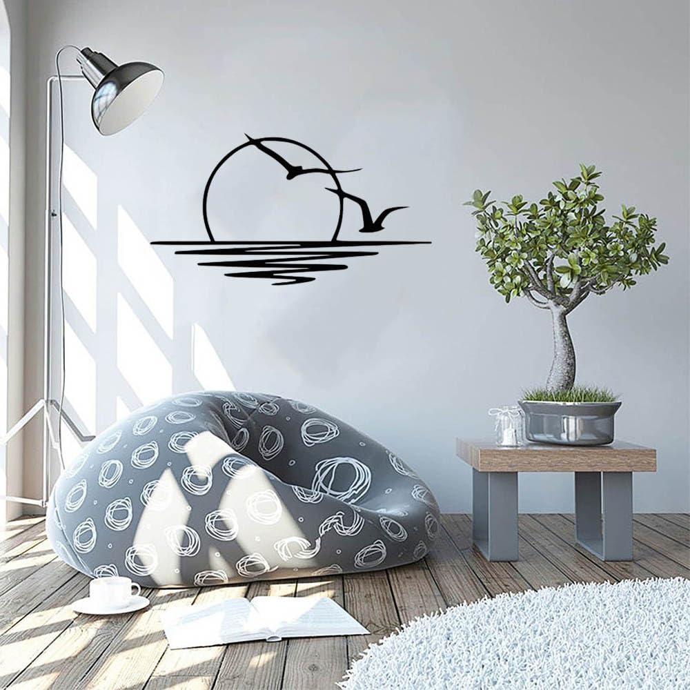 JILIP Black Metal Wall Art Decor, Metal Sunset With Seagulls Wall Sculpture Sign, Minimalist Sunrise Line Hanging Decorations, for Indoor and Outdoor Decoration(19.7IN/50cm)