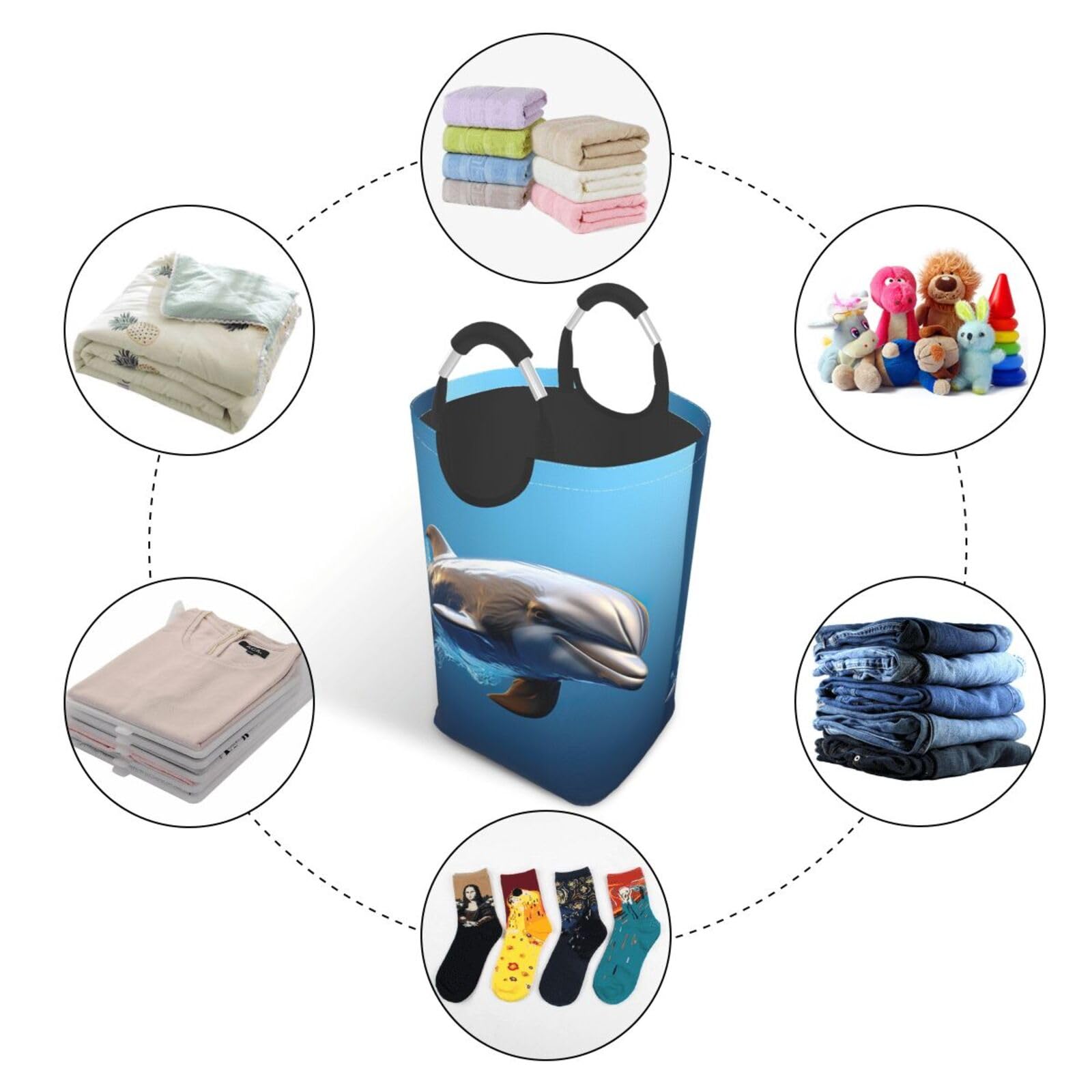 Bolsa de lavandería plegable con estampado de delfines 3D para el hogar, cesta de almacenamiento plegable para baño diario o dormitorio