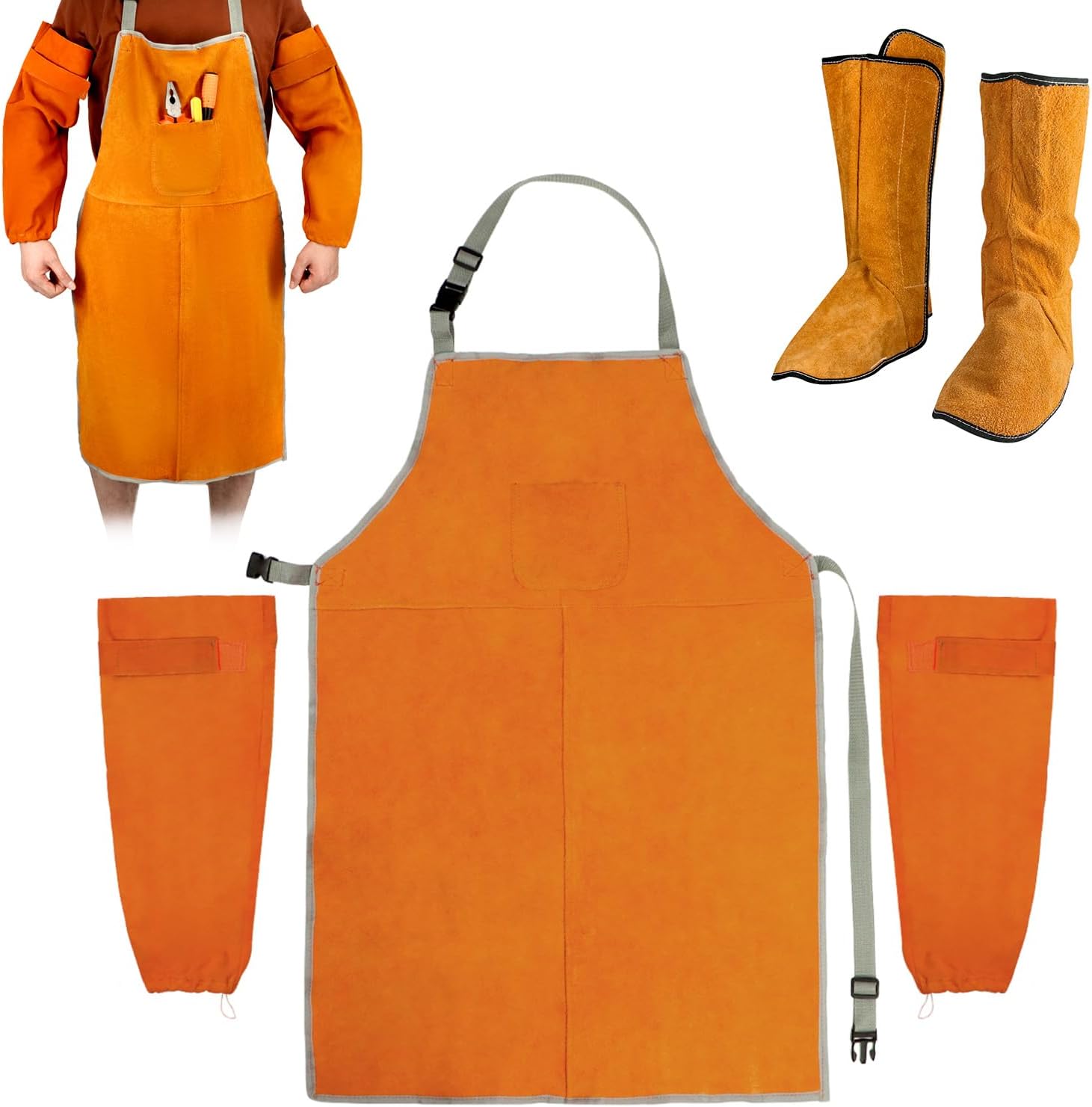 QWORK Leather Welding Apron & Sleeves & Fireproof Shoe Leg Cover, Heat Flame Resistant, Work Apron with Tool Pockets, Welding Safety Boot Covers