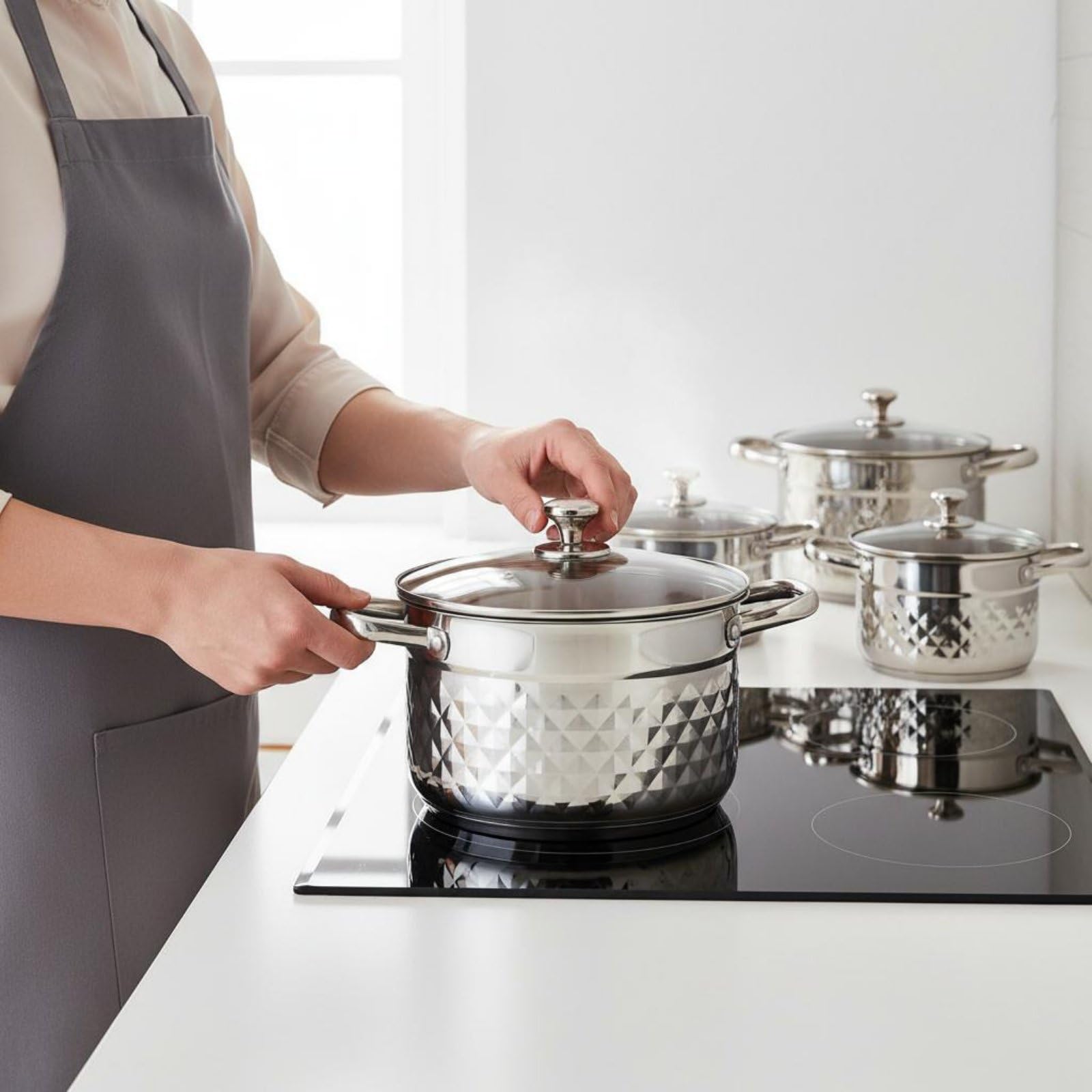 8 Pièces Set de Casseroles Inox Double Poignée Casserole En Acier Inoxydable Fond Épais Ensemble de Cuisine En Acier Inoxydable pour Restauration, Moderne, Poignées En Or Rose