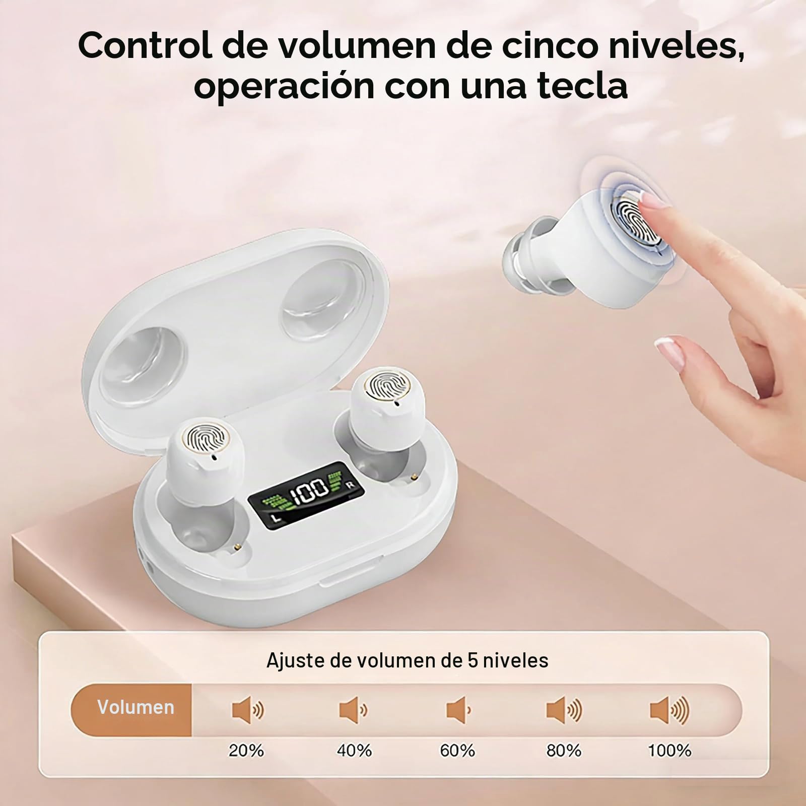 Dispositivo de sonido recargable para personas mayores y adultos, dispositivo de audio digital con auriculares intrauditivos ligeros de 3.2 g, encendido antiaullidos, controles táctiles y funda de