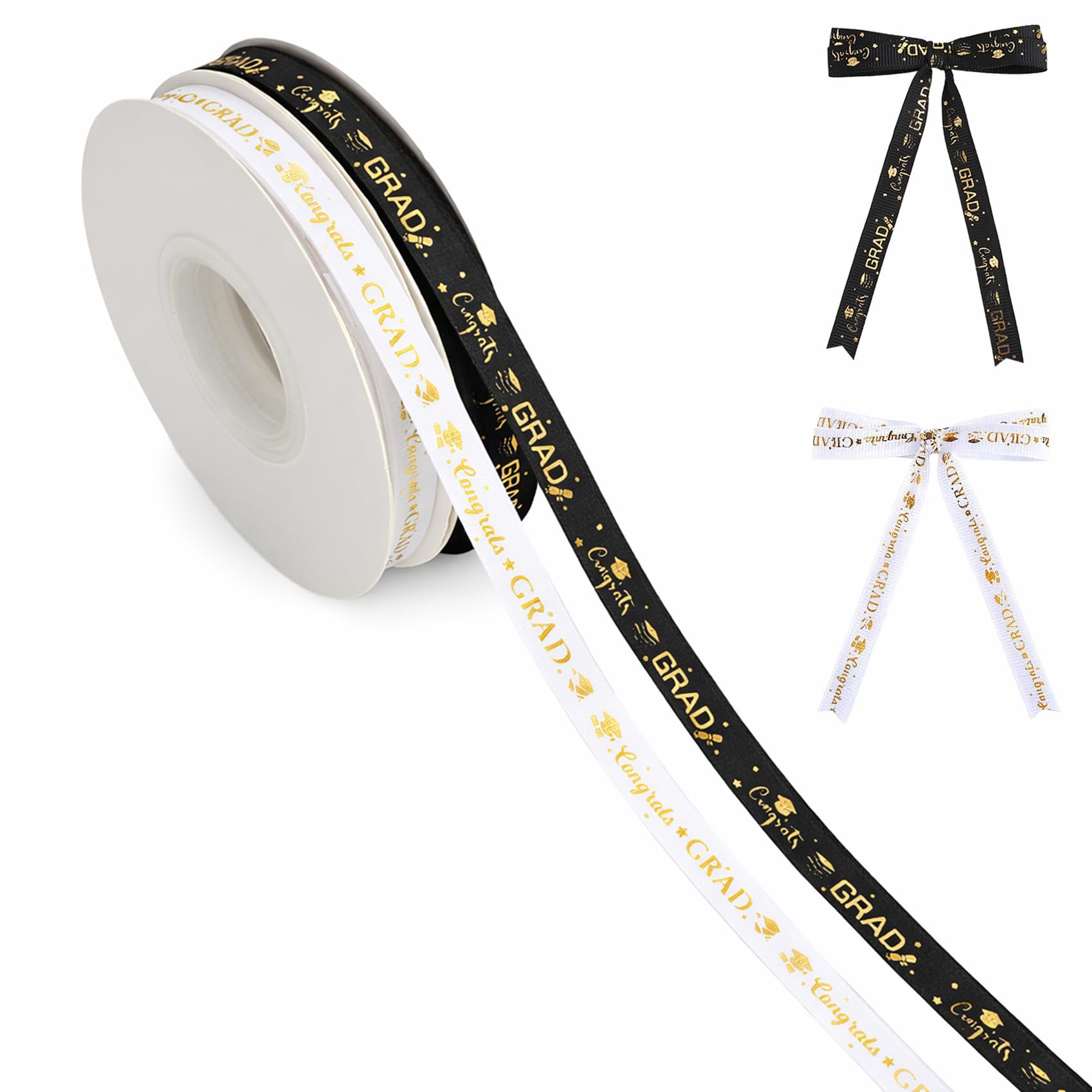 2026 Graduation Ribbon Congrats Grad Ribbon 50 Yards 3/8 Inch Black and White Gold Grosgrain Ribbon for Graduation Gift Wrapping DIY Craft Bouquet Celebration Party Decorations Hair Bows 2 Rolls — image 1