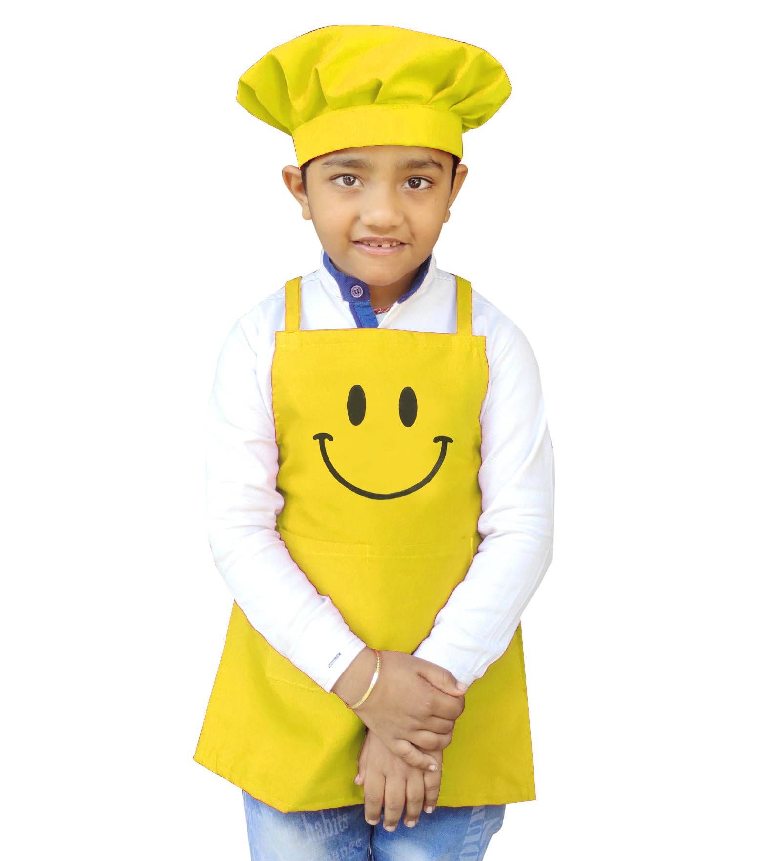 Switchon Kids Smiley Print Waterproof Cooking Apron with 2 Pockets & Chef Cap | Adjustable Bib Style | Polyester | School & Home Use | Made in India