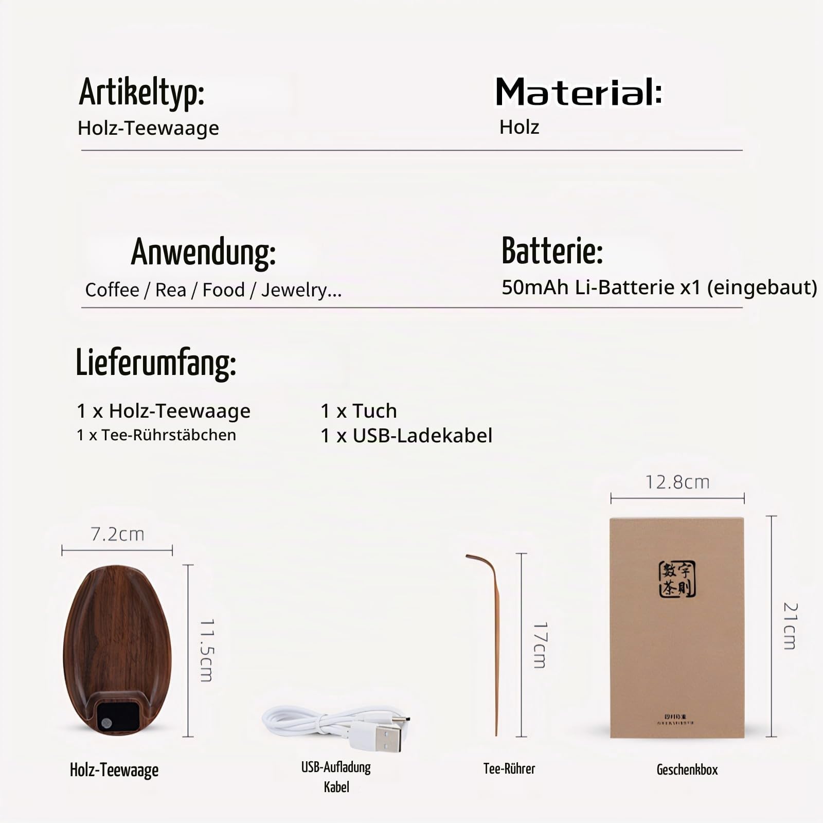 Mini-Kaffeewaage mit Timer, 200 G/0,1 G Genaue Teewaage aus Holz, Hochpräzise Wiederaufladbare Küchenwaage, Elektronische Teewaage, Digitale Gewichts-Gramm-Waage für Zuhause