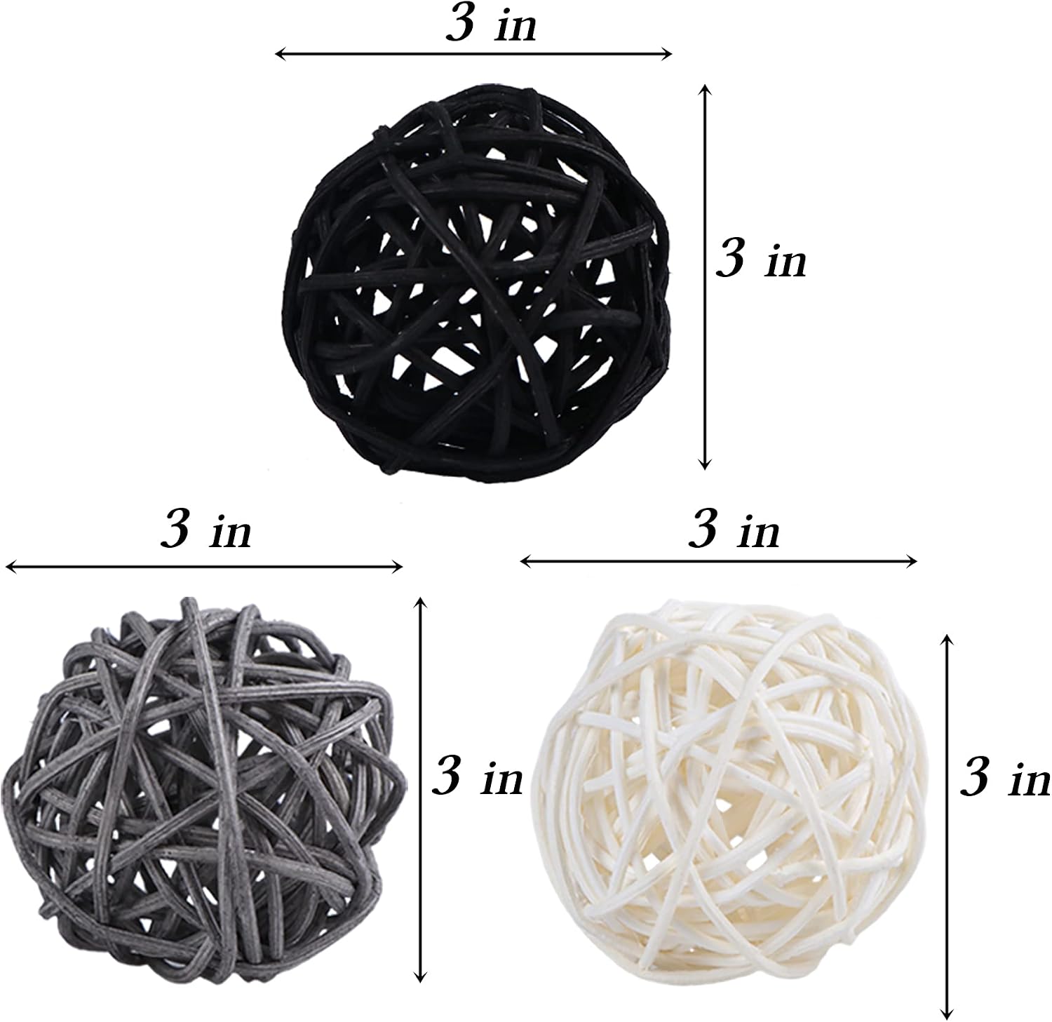 STMK 9 Pcs 3 Inch Wicker Balls Decorations, Rattan Balls Decorative for Home Decor DIY Vase Bowl Filler Ornament Baby Room Nursery Décor Wedding Table Decoration (Black, Grey, White)