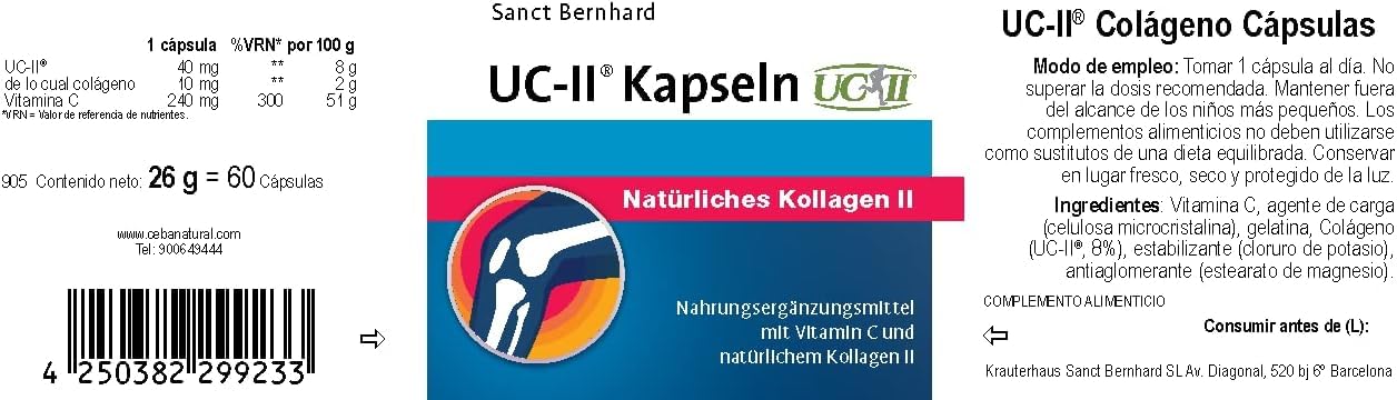 UC-II Colágeno 3x 60 Cápsulas - Complemento con Colágeno tipo II natural y Vitamina C