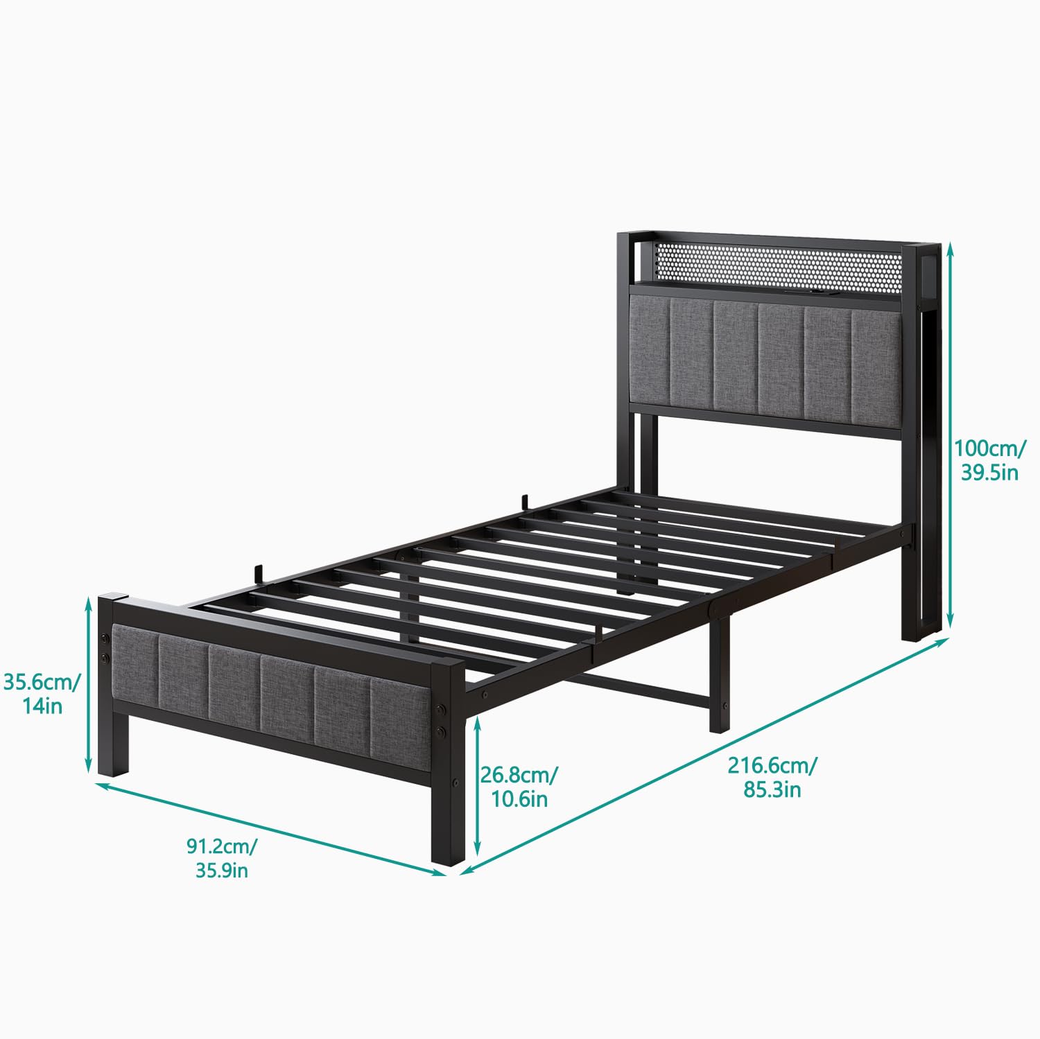 Bettrahmen mit Ladestation Einzelbett Gästebett Metallbett Polsterbett 90x200 Bettgestell aus Metall,Jugendbett mit Lattenrost Kopfteil in Grau,für Schlafzimmer Gästezimmer