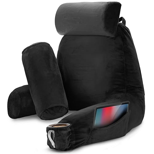 Nestl Reading Pillow Large Bed Pillow, Back Pillow for Sitting in Bed Shredded Memory Foam Chair Pillow, Reading & Bed Rest Pillows Black Back Pillow for Bed, Bed Chair Arm Pillow with Pockets - Premium Large - 06 - Black