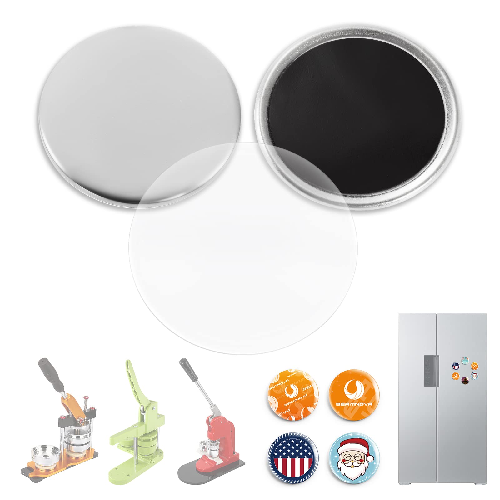 BEAMNOVA 100 Sets of 58mm / 2.28 in (Approx. 2-1/4 inch) Metal Button Parts Fridge Magnet Supplies for Button Maker Machine Round Pin Maker, Supplies Only, Machine NOT Included