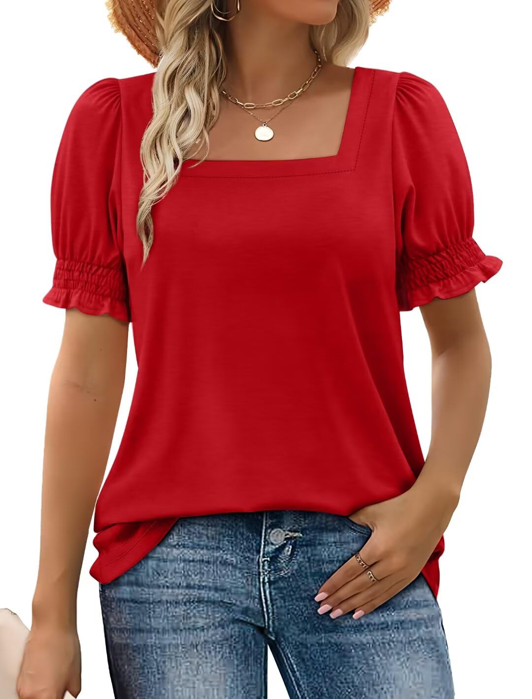 WIHOLL Womens Tops Summer Clothing Trendy 2025 Shirts Ruffle Trim Short Sleeve Tshirt Square Neck Ladies Casual Tunic