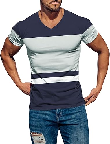 Camiseta de manga corta con estampado de rayas para hombre, cuello en V, camiseta atlética de algodón para entrenamiento muscular, 19-azul marino
