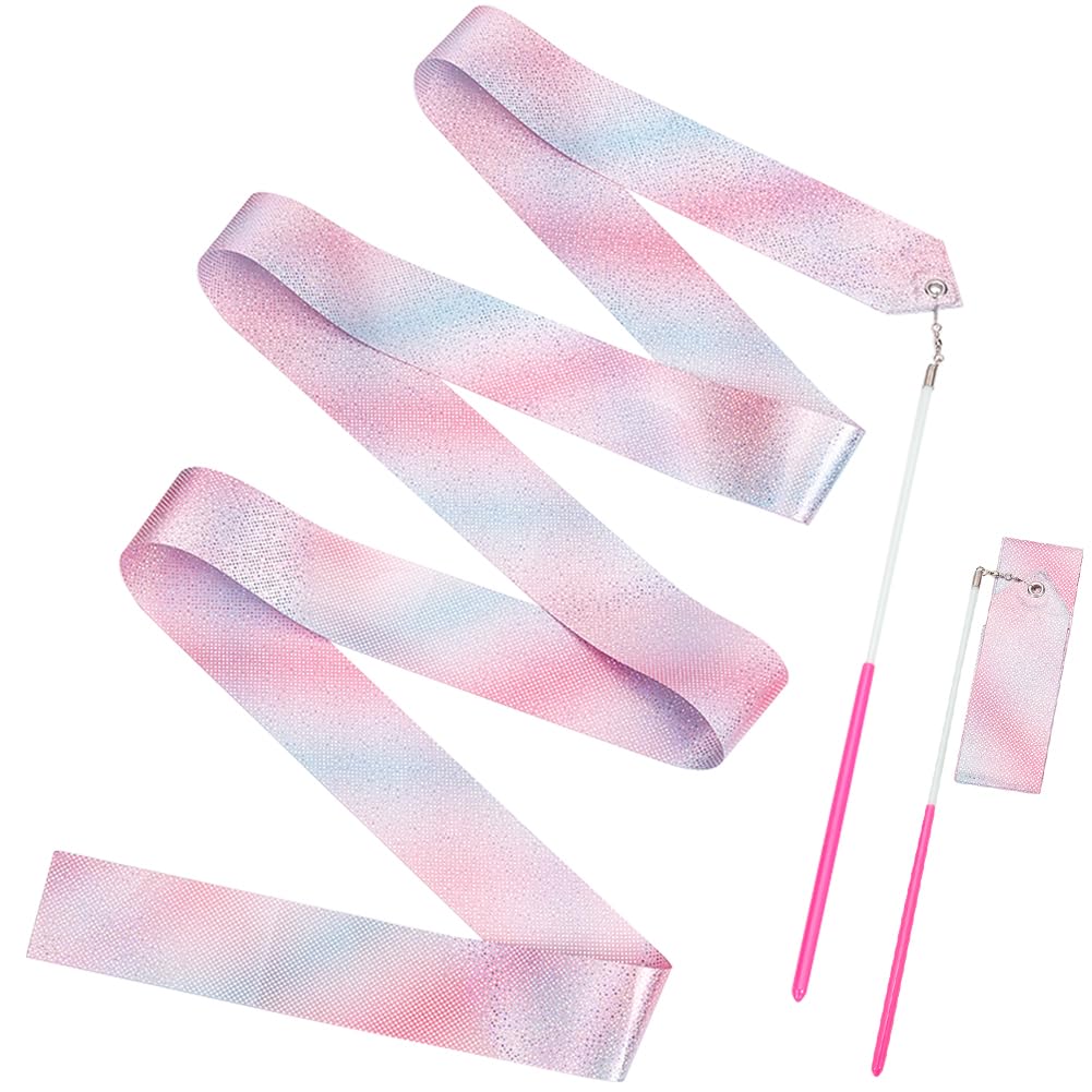 CREATCABIN Rubans Danse Polycoton Gymnastique Étincelants Banderoles Gymnastique Rythmique Roses avec Baguette 1.95m