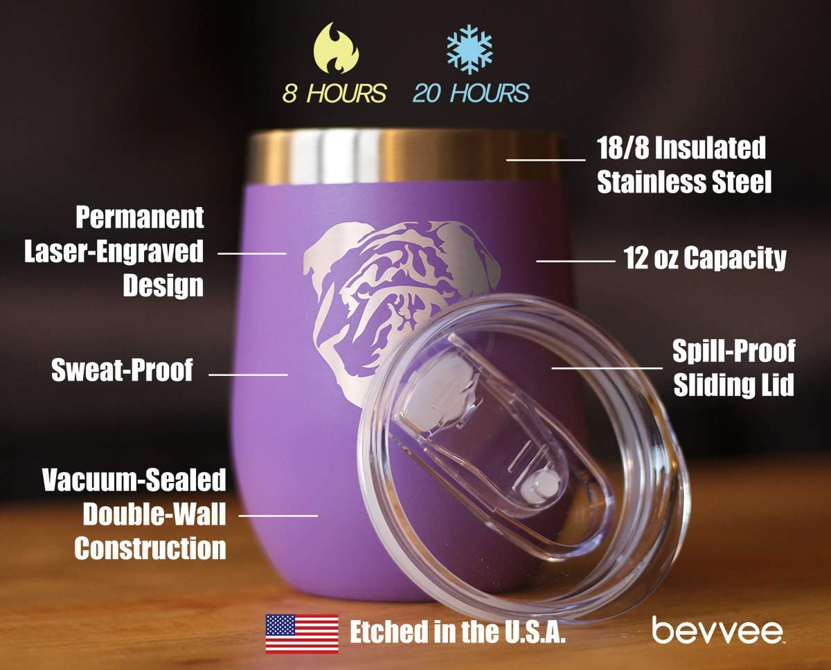 Bevvee Bulldog Wine Tumbler with Sliding Lid - Stemless Stainless Steel Insulated Cup - English Bulldogs Outdoor Camping Mug - Purple