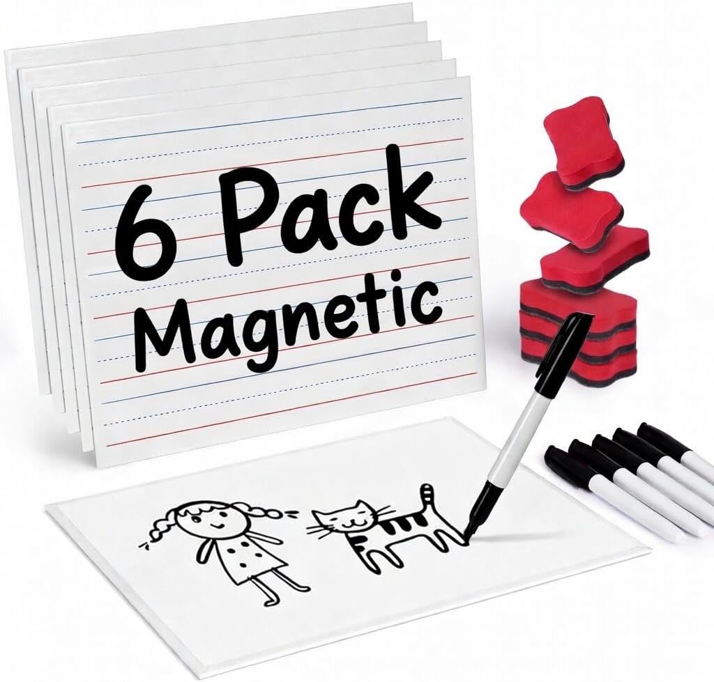 GAMENOTE 6 Pack Magnetic Dry Erase Lap Boards for Kids, 9x12 Double-Sided Lined and Blank Whiteboards with Markers & Erasers, Small Classroom and Homeschool Writing Board
