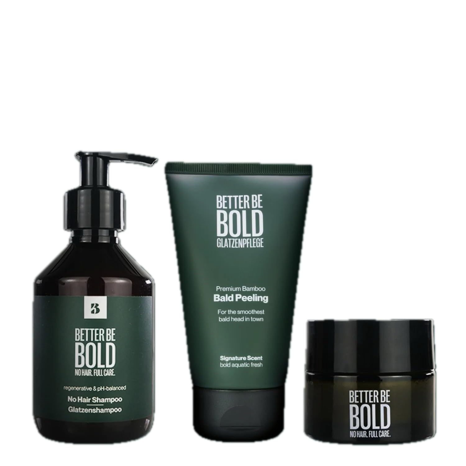 BETTER BE BOLD I GLATT & MATT Glatzenpflege-Routine I Glatzenpeeling, Glatzenshampoo und Glatzencreme I Alles in einem Set I Für die ideale Männerpflege I Feuchtigkeit & Schutz I Kopfhautpflege Männer