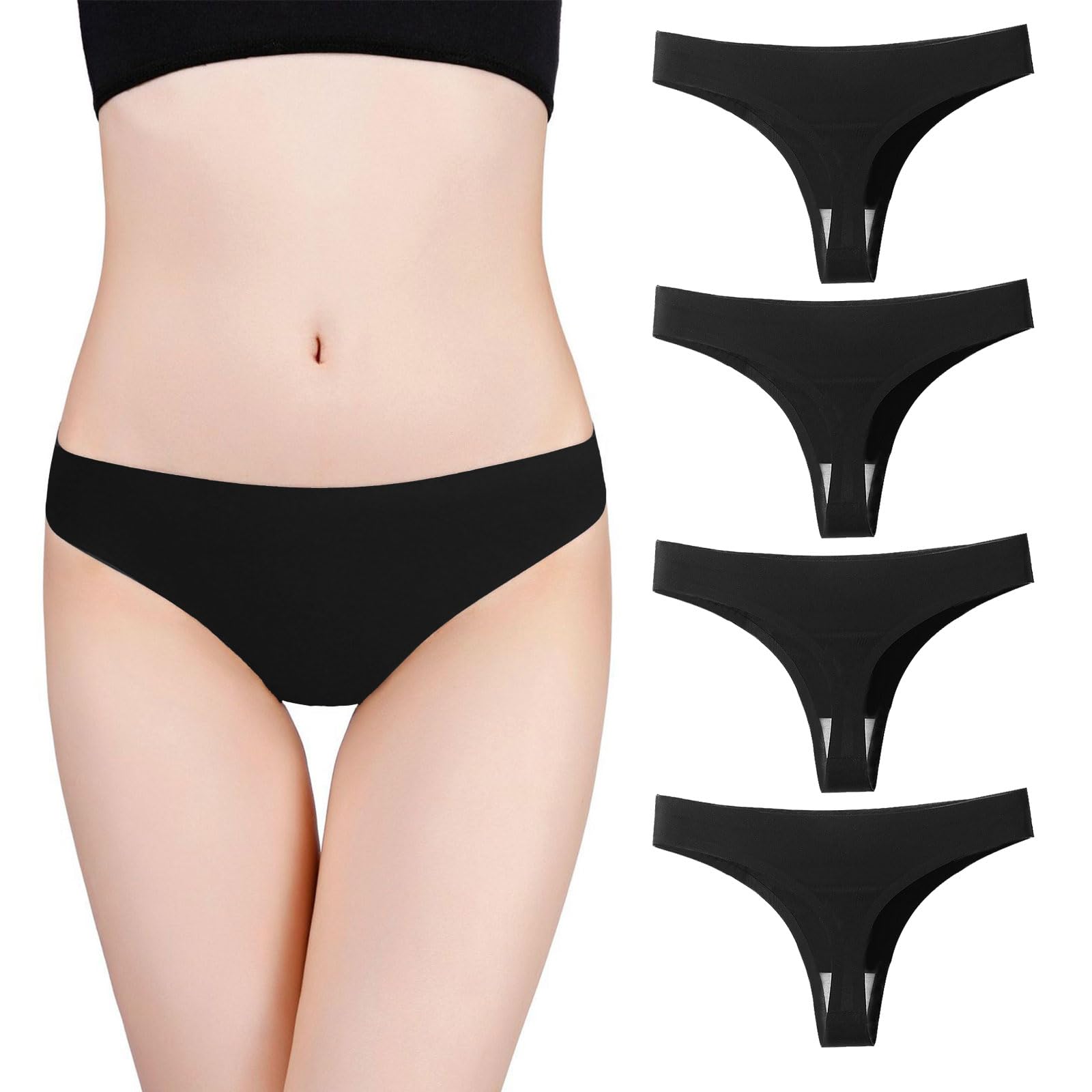FUIPVGI 4 Piezas Tangas de Lencería, Tangas Invisible Mujer, Bragas Brasileñas Mujer, Tangas de Algodón para Mujer, Bragas sin Costuras Mujer M-L (Negro)