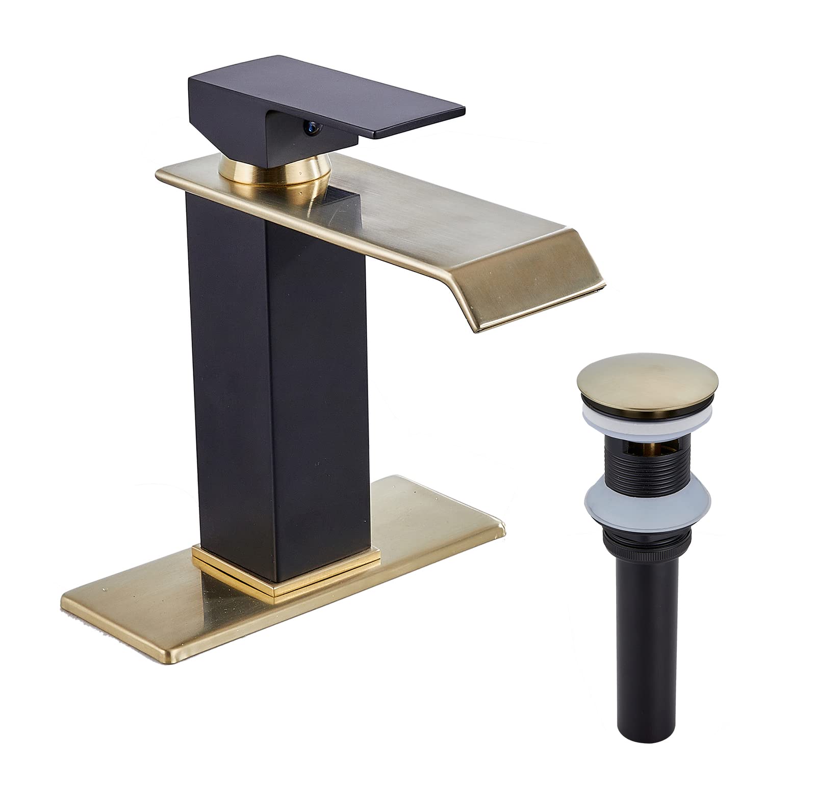 Bathroom Faucet Brushed Golden Waterfall Spout Black Body Single Handle Brass Pop Up Drain Stopper with Overflow Include for 1-3 Holes Basin Sink Deck Mounted Lavatory Vanity