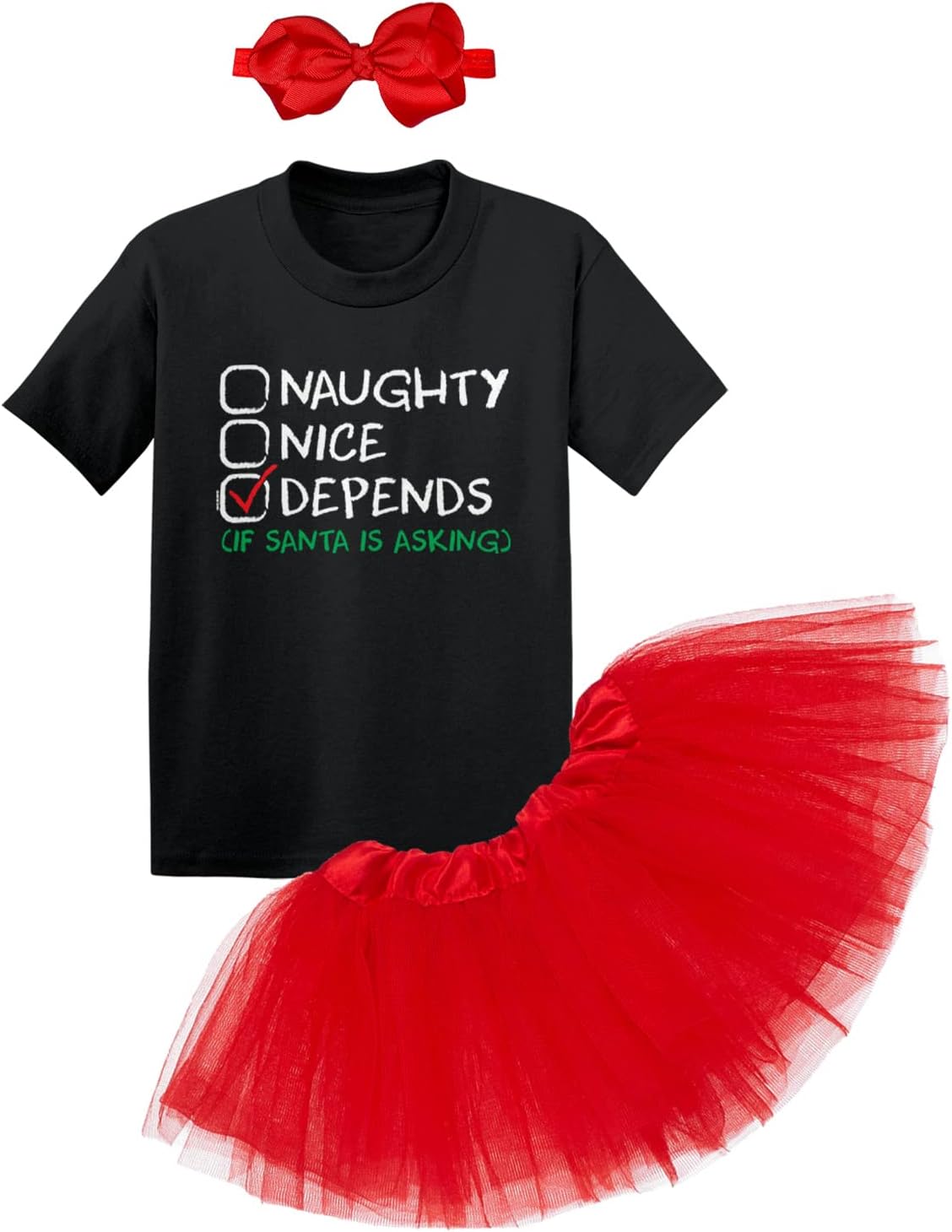 Haase Unlimited Naughty Nice Depends If Santa Is Asking Baby Bodysuit + Tutu Skirt + Bow Headband Set