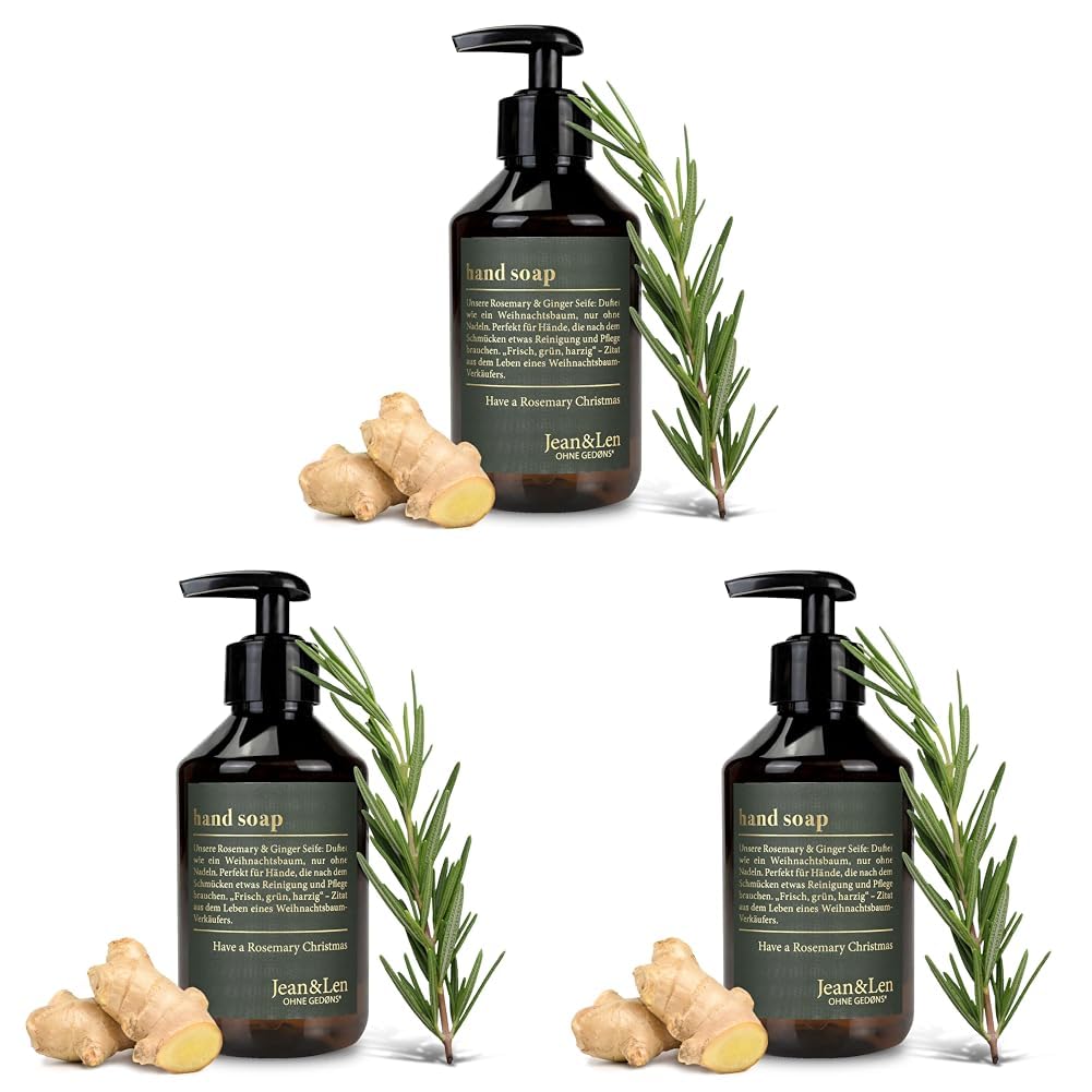 Jean & Len Handseife Rosemary & Ginger, in der Christmas Edition, reinigt beanspruchte Hände, ideal als Geschenk geeignet, Flüssigseife im nachfüllbaren Pumpspender, ohne Parabene& Silikone, 250 ml