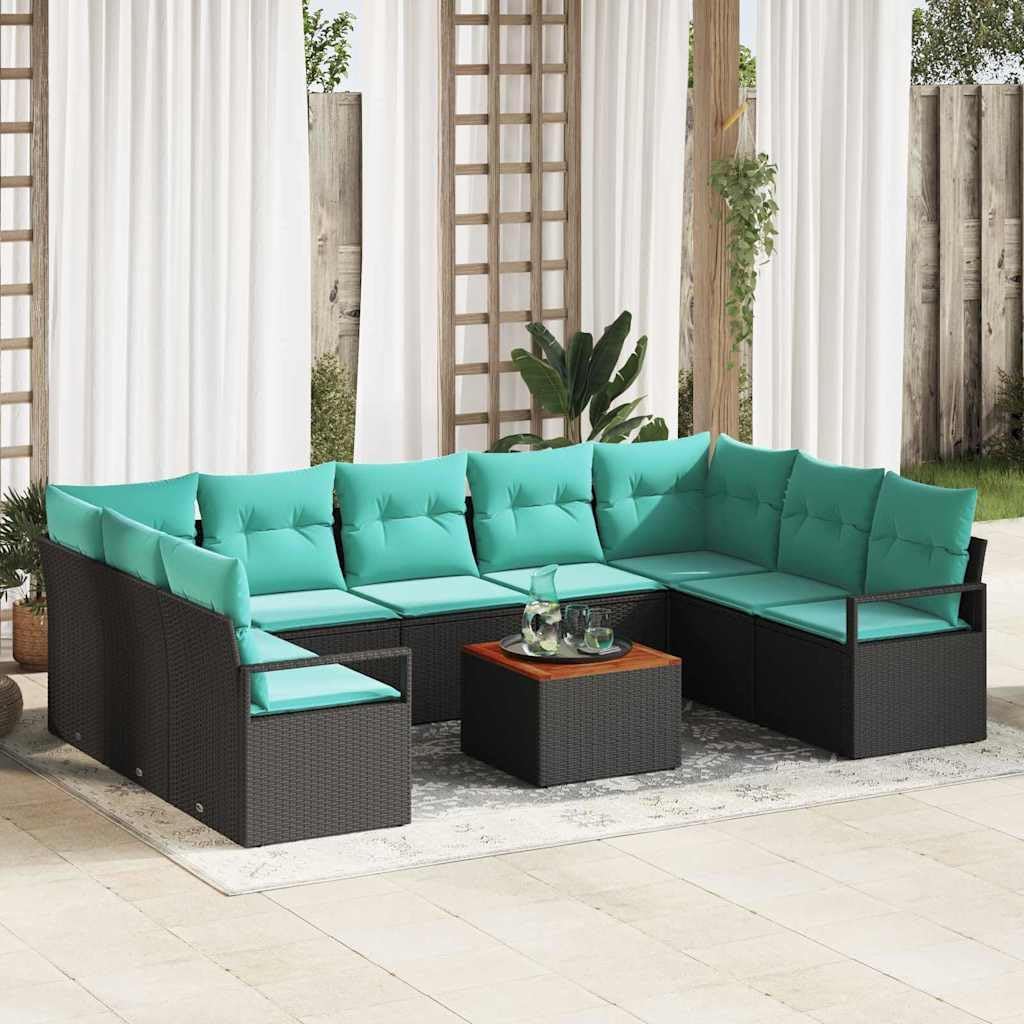10-Piece Modular Outdoor Furniture Set with Storage, Black and Turquoise Poly Rattan Garden Sofa Seating for Terrace and Patio