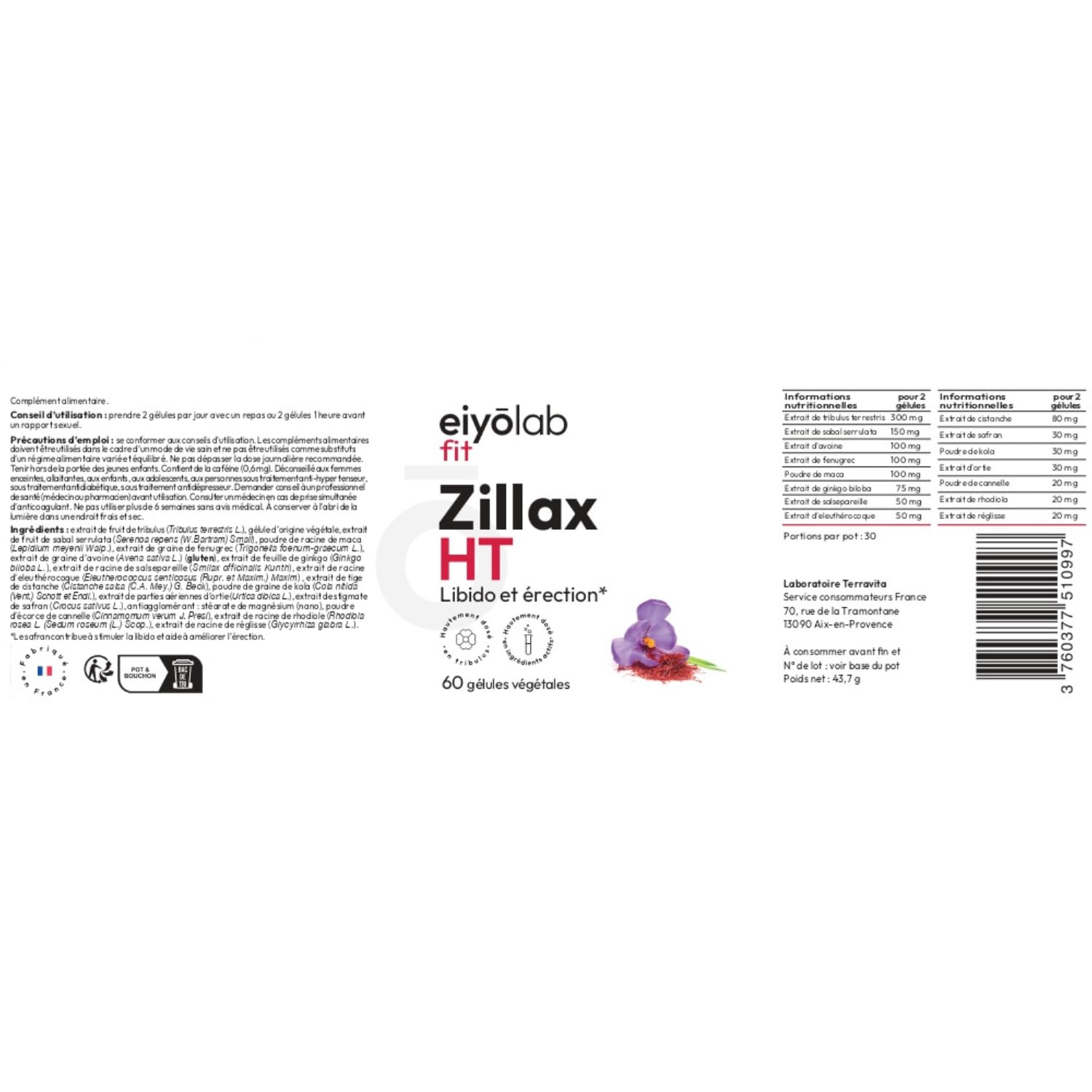 Zillax HT | Formule Libido Homme | Vigueur, Endurance | Tonifiant Sexuel | Tribulus, Maca, Safran et Ginkgo | Aphrodisiaque | Booster Circulation Sanguine | 60 Gélules Vegan | Eiyolab