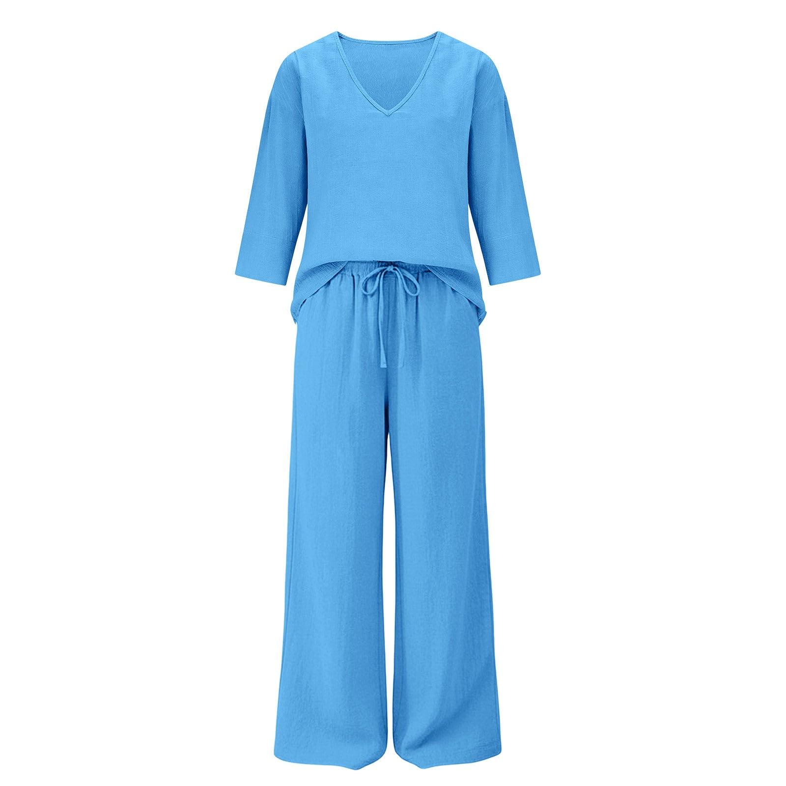 Completo Coordinato Donna, Maglia Scollo a V Maniche Tre Quarti, Pantaloni a Gamba Larga con Coulisse e Tasche Laterali, Abbigliamento Vacanza Estiva Comodo Quotidiano