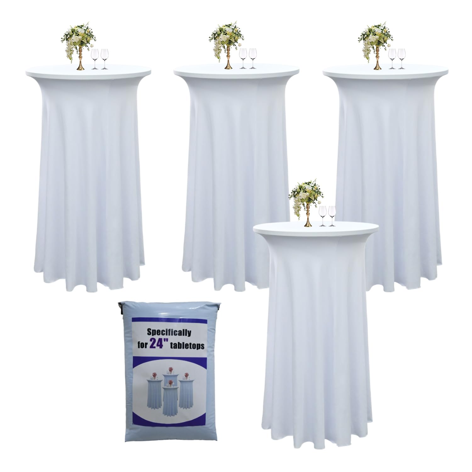 Photo 1 of Yoquare 4-Pack 24"x43" White Round Cocktail Table Skirts | Stretch Spandex Fitted Tablecloths | Wrinkle-Resistant, Stain-Resistant, and Machine Washable for Bars, Weddings, Parties, and Banquets