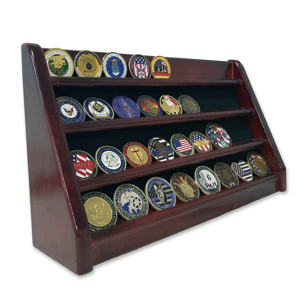 BHealthLife 4 Row Challenge Coin Display Case Military Coin Stand Rack Holder (Mahogany Finish)