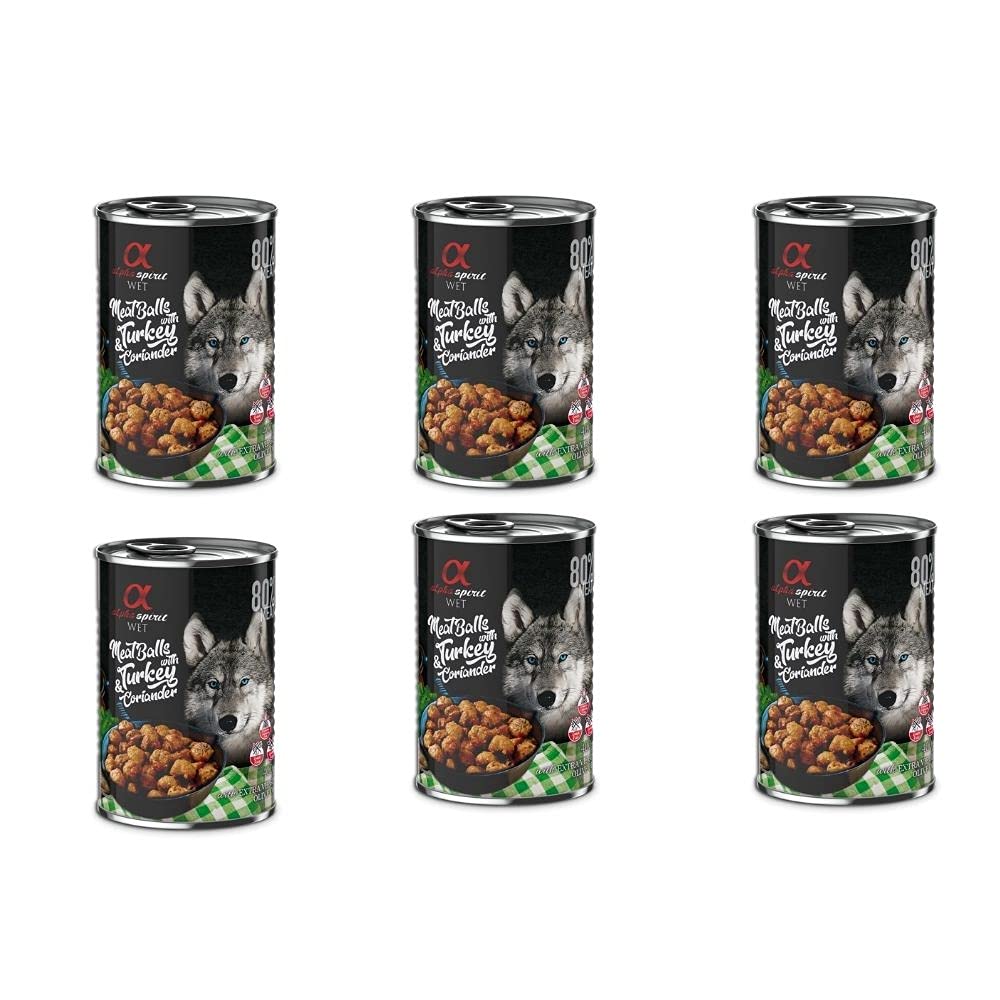 ALPHA SPIRIT - Comida Húmeda para Perros de Pavo y Cilantro en ALBONDIGAS. Pack de 6 Unidades. 400 gr Cada Lata | ANIMALUJOS Marca: ALPHA SPIRIT