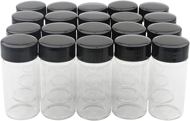 Unxuey 20pcs 20ml (2/3 Oz) Clear Glass Vials Sample Glass Bottles with Plastic Screw Black Cap Transparent Lab Vials Container