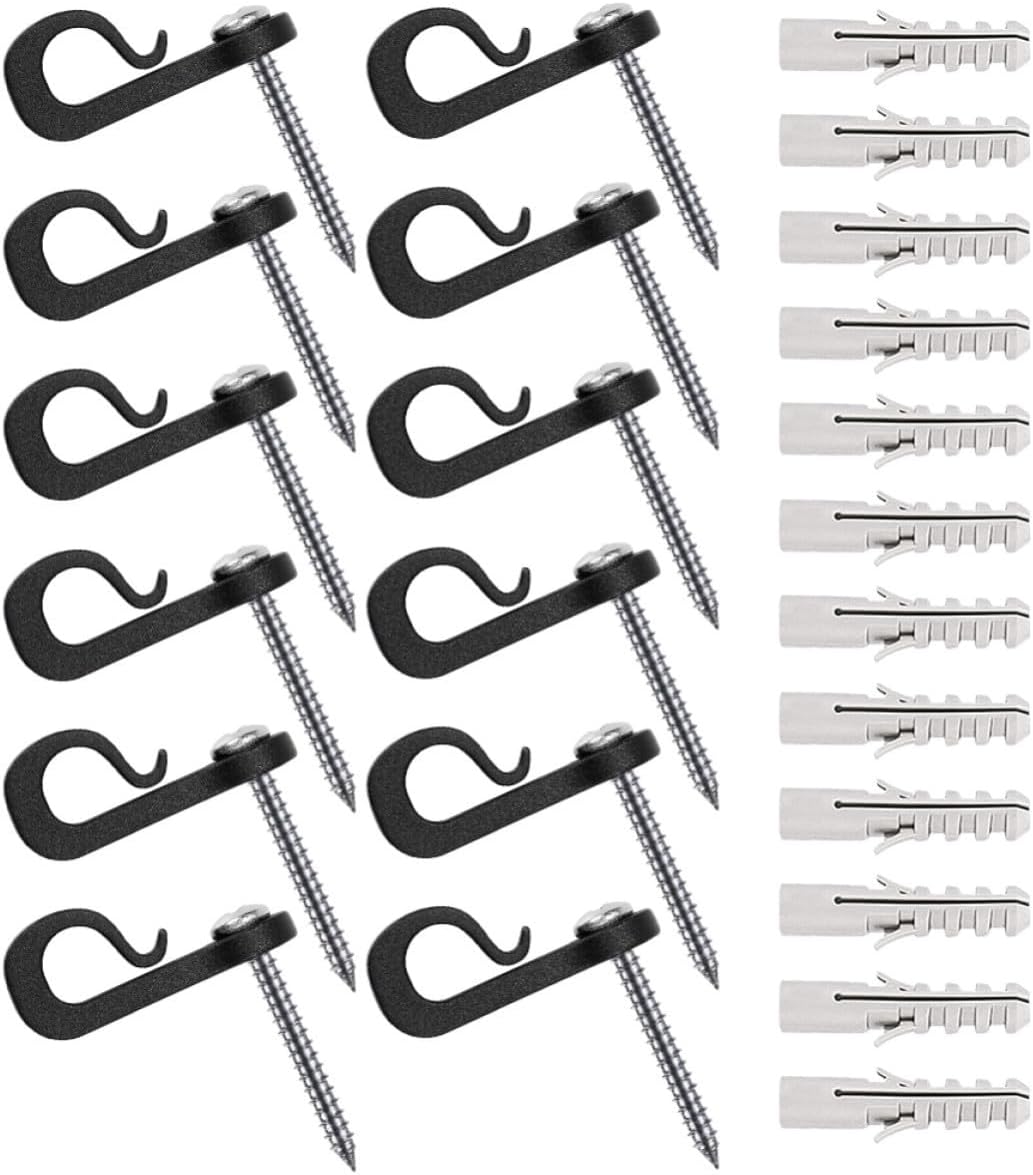 Outanaya Outdoor Screw-in Hooks for String Lights and Wind Chimes, Easy to Use Black Iron and Plastic Hangers with Screws and Expansion Tubes, Firm and Stable Hooks for Hanging Plants