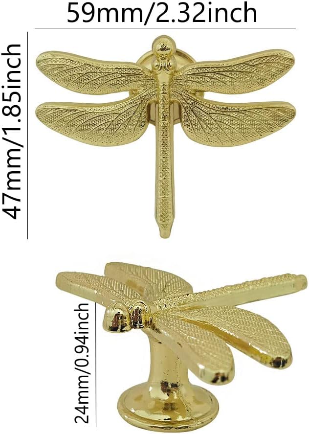 brandname Dragonfly Drawer Knobs 4 Pcs Beautiful Dragonfly Shaped Cabinet Pull Wardrobes Closets Bedside Tables Bookcases Cupboards Dresser Furniture Decoration Handle for Kitchen Bedroom (Gold)