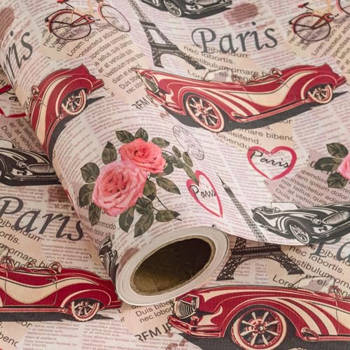 WRAPAHOLIC Kraft Vintage Car Wrapping Paper Roll - Mini Roll - 17 Inch x 16.5 Feet - Retro Paris Classic Car and Rose Newspaper Wrapping Paper for Birthday, Wedding, Anniversary, Bridal Shower