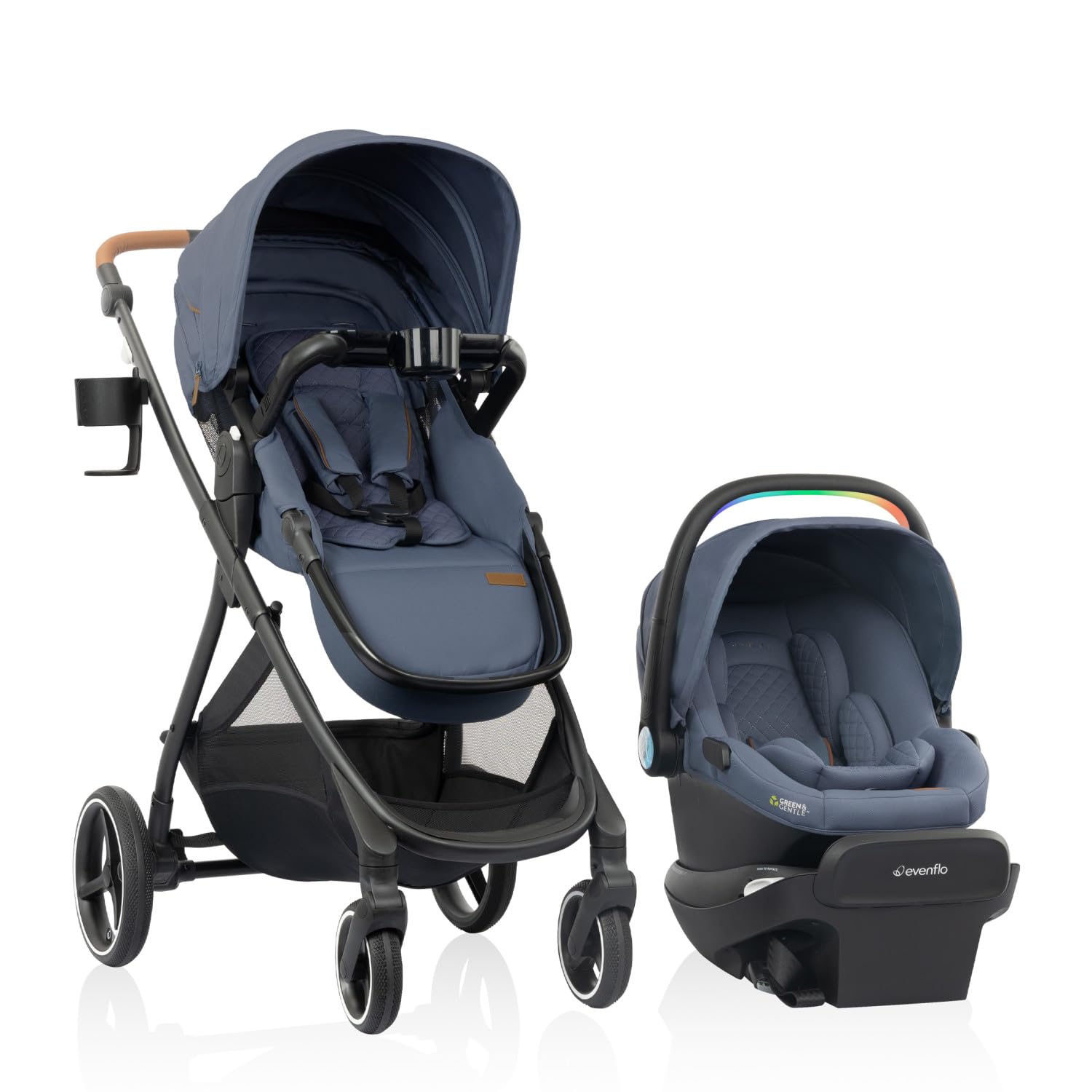 evenflo shyft intuiti+ travel system featuring revolve180 litemax nxt preemie and infant car seat with sensorysoothe and green & gentle (flint)