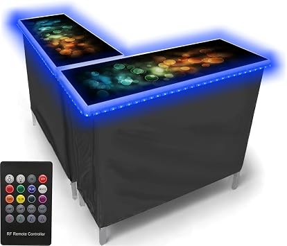 PARTYPONG Folding Portable Double Bar w/LED Lights, Wireless Remote, 2 Bar Skirts, Storage Shelf, Carrying Case - Bubbles