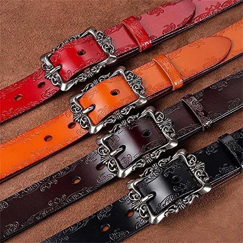 Women's Cowhide Leather Belt Vintage Pin Buckle with Flower Pattern (White)2