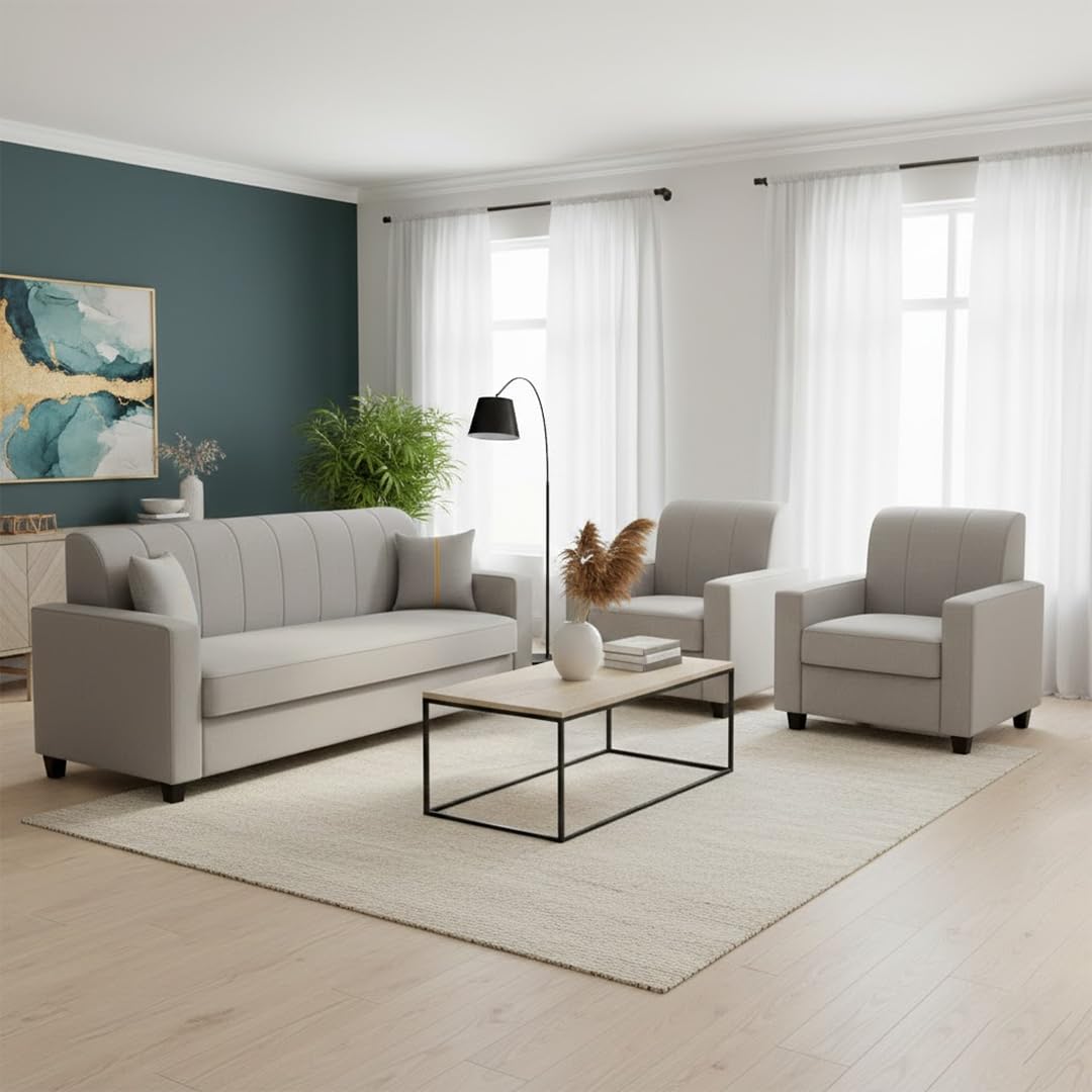 FURNY Cosmos 5 Seater Fabric 3+1+1 Sofa Set (Light Grey) | Durable & Comfortable Ideal for Living Rooms