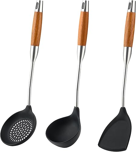 FJNATINH Espátula de silicona para wok, cucharón, espumadera Herramientas de acero inoxidable Wok Utensilios de cocina resistentes sin BPA,