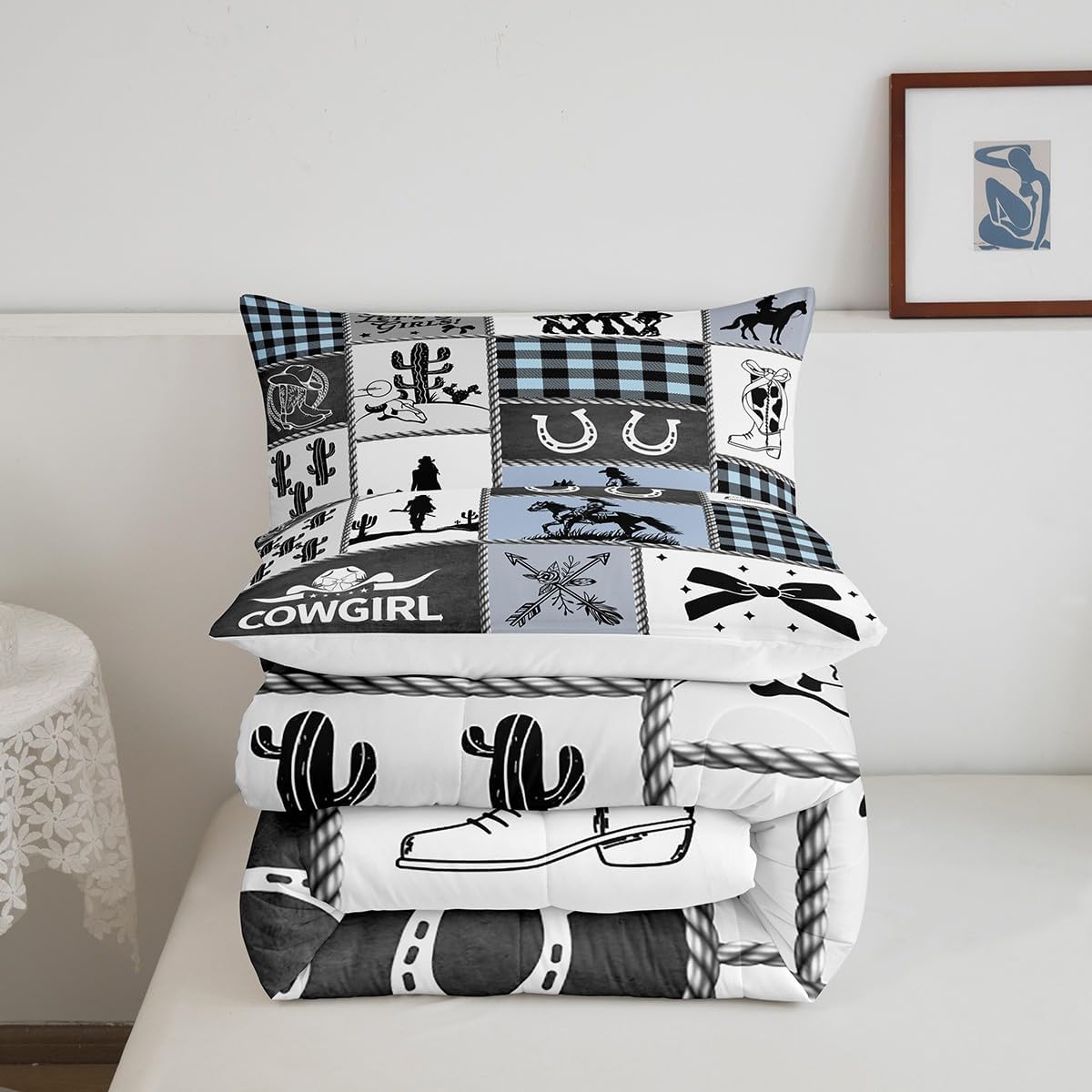 Western Cowgirl Girly Comforter Set Full Size,Cactus Horseshoe Cow Skull Bow Bedding Set,Girls Women Room Decor,Cowgirl Boot Geometric Plaids Down Comforter,Blue Rustic Duvet Insert,2 Pillowcases
