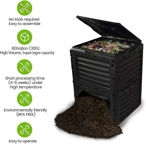 Miniatura 2 de Contenedor de abono de jardín de material libre de BPA, 80 galones (300 l), fácil montaje, gran capacidad, creación rápida de suelo fértil