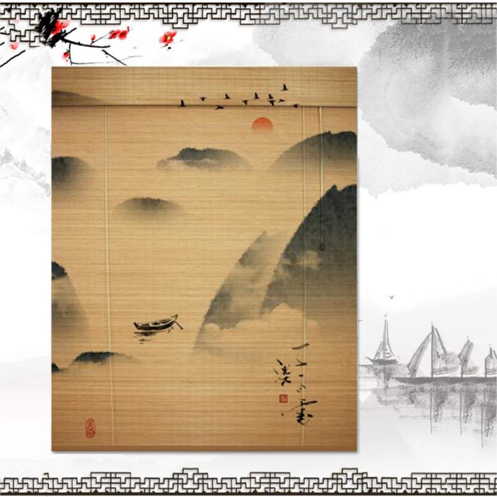 GDMING Cortina De Bambú Estor Opaco Enrollable Protector Solar Dividir Decoración Panel para Estilo Japones Sala De Te Hecho A Mano Imagen Impresa Cortina De Ventana con Cenefa,52 Tamaños