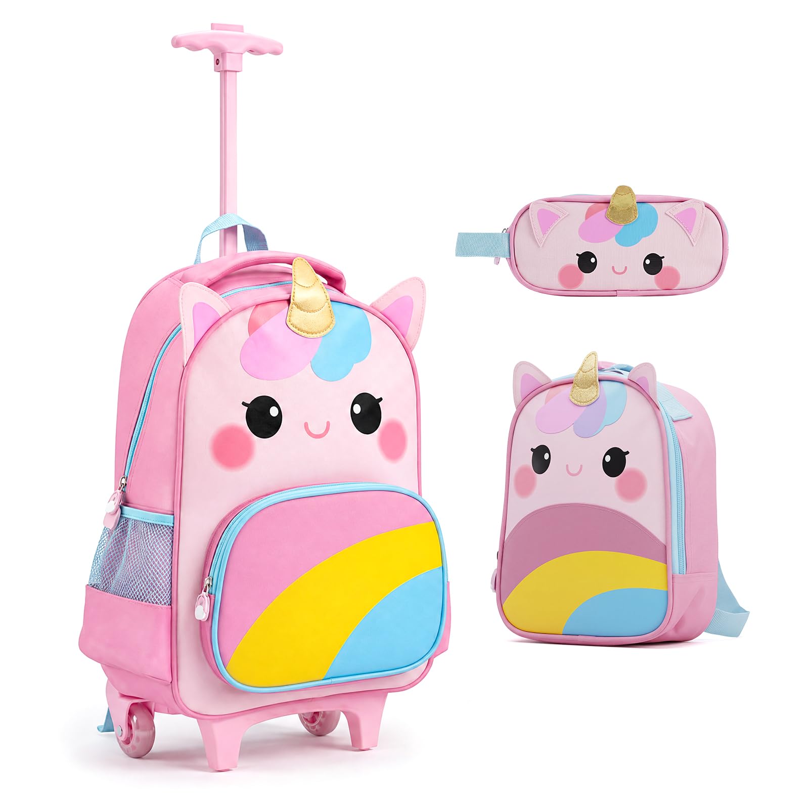 COSTWAY Set di 3 Zaini con Ruote per Bambini 3+ Anni (Modello 2) | 3 in 1 Zaino Trolley da Scuola con Borsa per Pranzo e Astuccio per Matite, Maniglia Retrattile e Portabicchieri Laterale