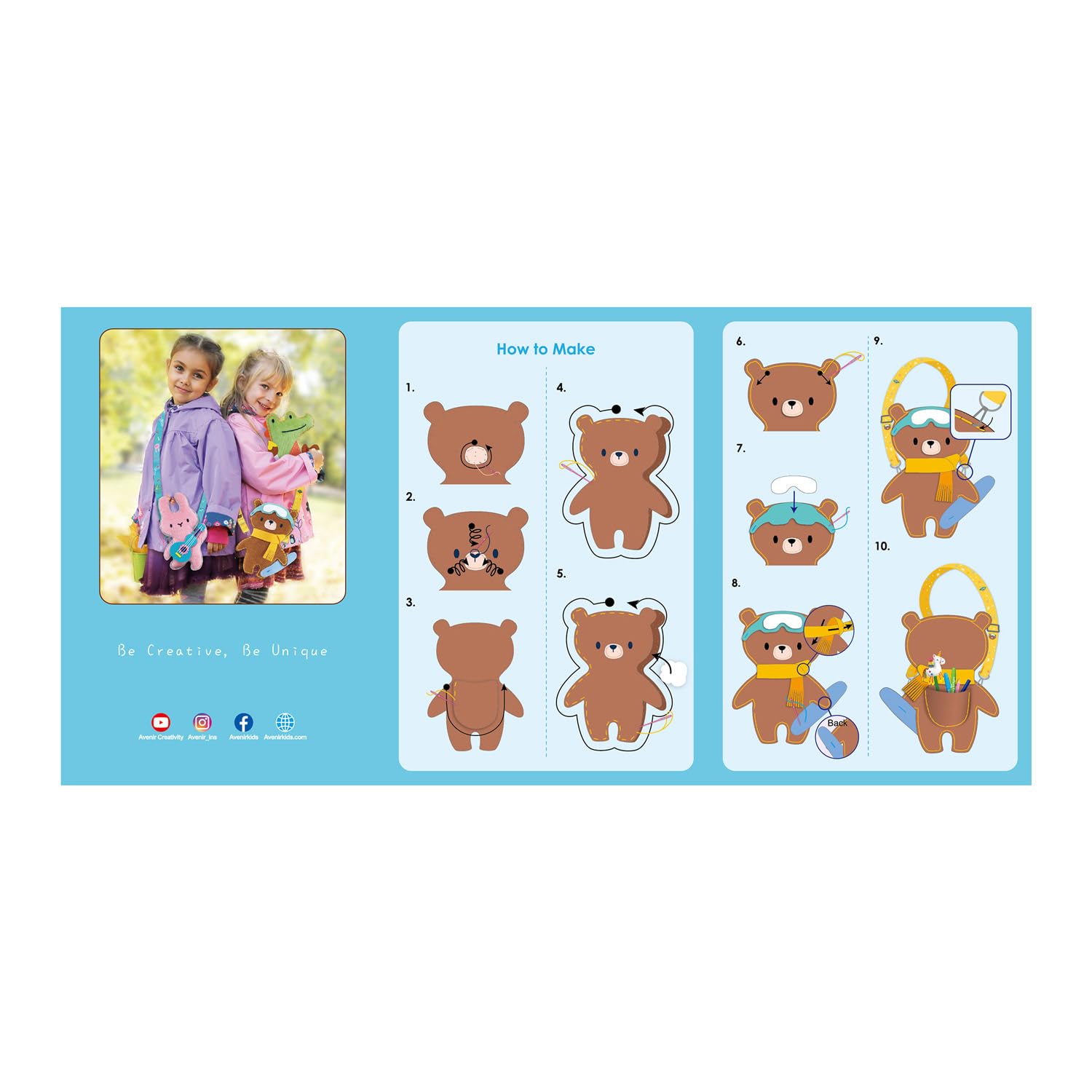 Avenir DYI 6301576 - Set da cucito con animali a tracolla, set da 3 pezzi, per bambini, dai 6 anni in su
