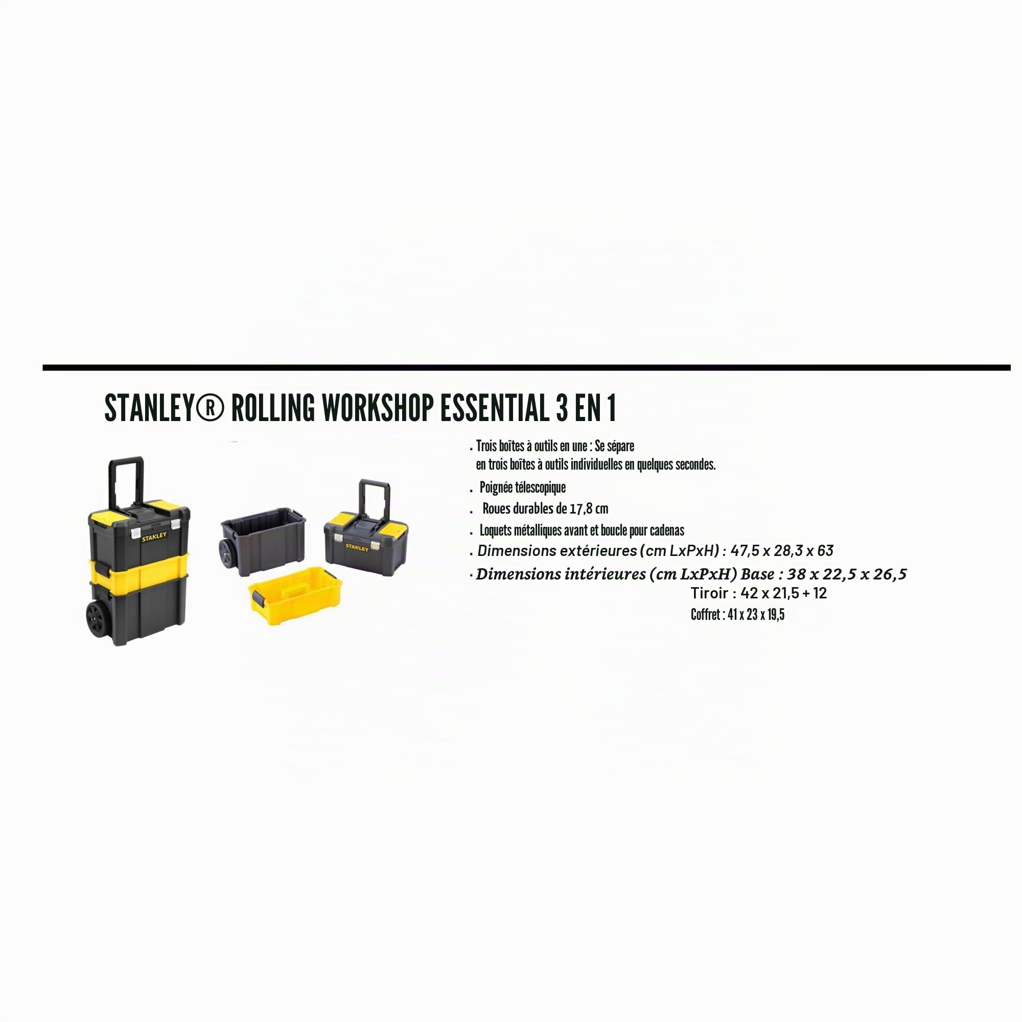 STANLEY Boîte à outils roulante essentielle, unités empilables 3-en-1, solution d'outils portable, STST1-80151
