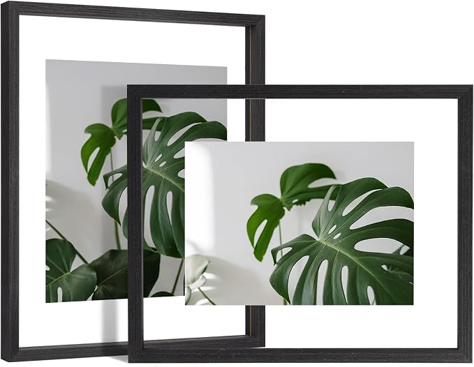 Egofine 11x14 Floating Frames Set of 2, Double Glass Picture Frame, Made of Solid Wood Display Any Size Photo up to 11x14, Wall Mount or Tabletop Standing, Rustic Black