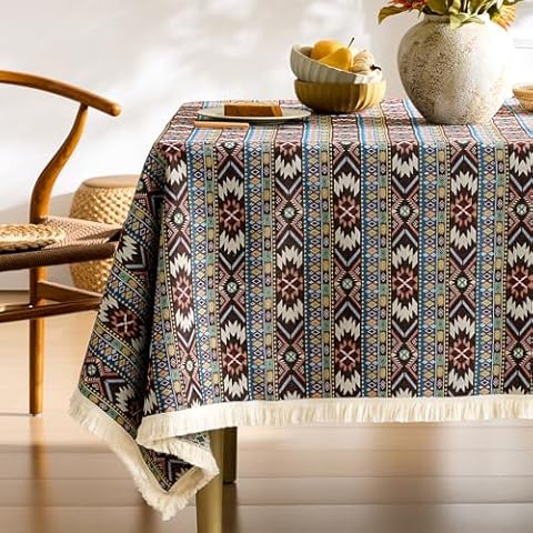 Brown Boho Tablecloths Rectangular Bohemian Geometric Vintage Print Table Cloth with Tassel Farmhouse Rustic French Embroidered Tablecloth Outdoor Table Cover Cover