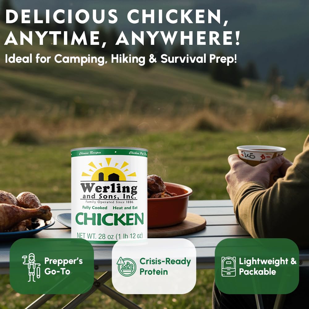 Werling & Sons Canned Chicken 28 Oz– Fully Cooked, Ready to Eat | Premium Quality, Recipe-Ready Canned Meat | 5-Year Shelf Life | Pantry Staple for Camping, Survival & Emergency Use | Made in USA | Pack of 6