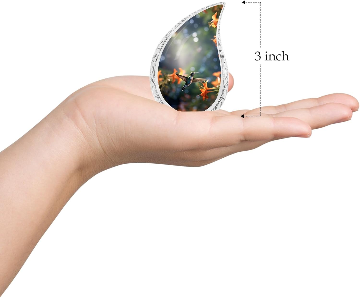 Teardrop Urn, Hummingbird Cremation Urn for Adult Ashes, Metal, Multicolor, Birds Pattern, 3 Inch, Polished, Threaded Lid