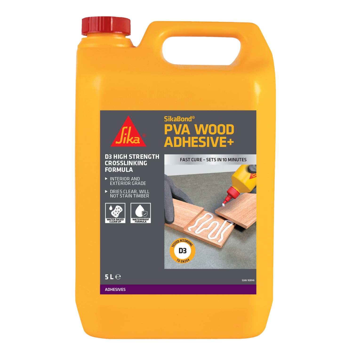 Sika SikaBond PVA All Purpose Wood Adhesive +, D3 Grade Wood Glue, 5L